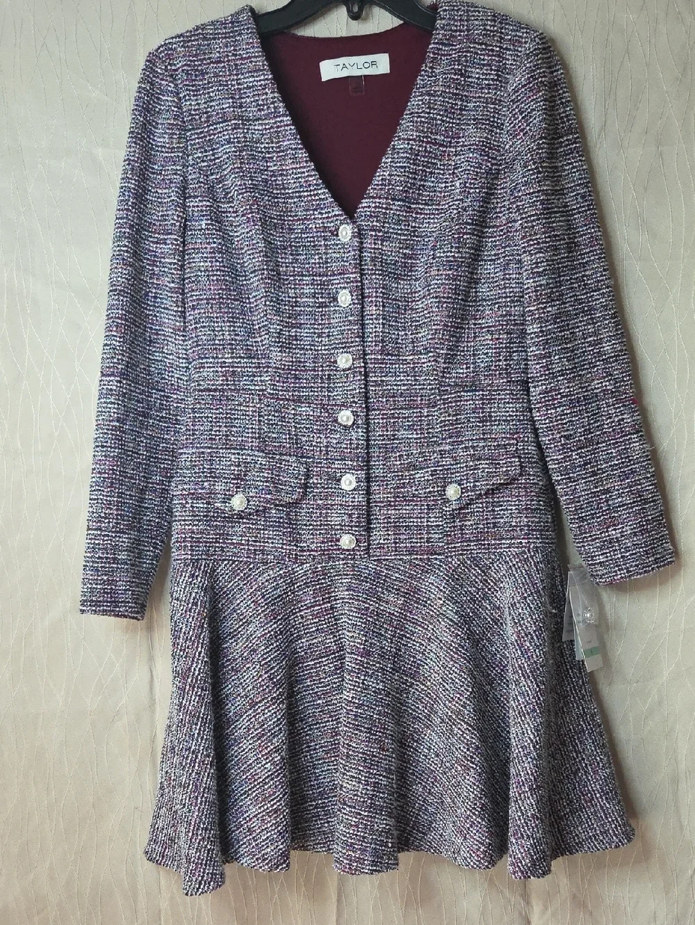 Taylor‎ Multi-Tone Purple Bouclé Long-Sleeve Dress
